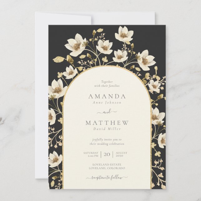 Elegant Black Gold Floral Wedding Invitation (Front)