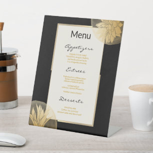 Elegant Black Gold Floral Wedding Menu Pedestal Sign