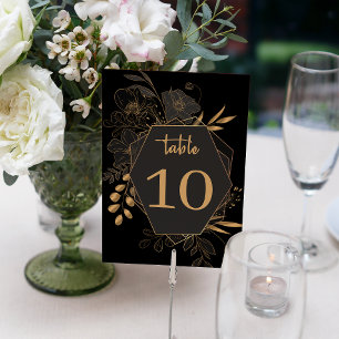 Elegant Black & Gold Floral Wedding  Table Number
