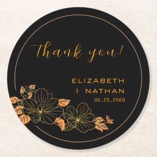 Elegant Black Gold Floral Wedding Thank You Gift Round Paper Coaster