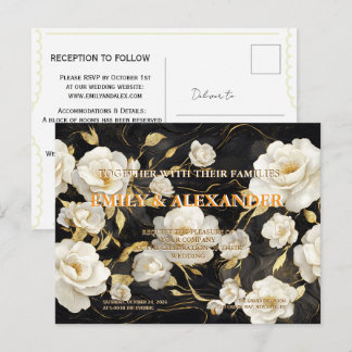 Elegant Black Gold Floral White Roses Wedding Invi Invitation Postcard