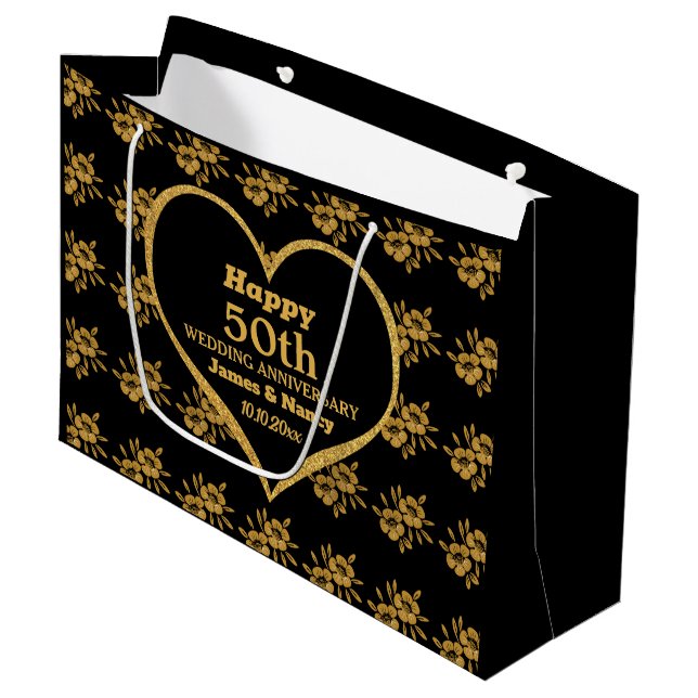 Elegant Black Gold Flower 50th Wedding Anniversary Large Gift Bag (Front Angled)