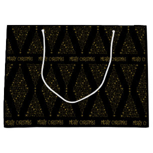 Elegant Black Gold Foil Christmas Pine Tree Large Gift Bag