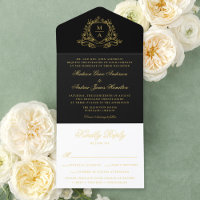 Elegant Black Gold Foil Crest Monogram Wedding 