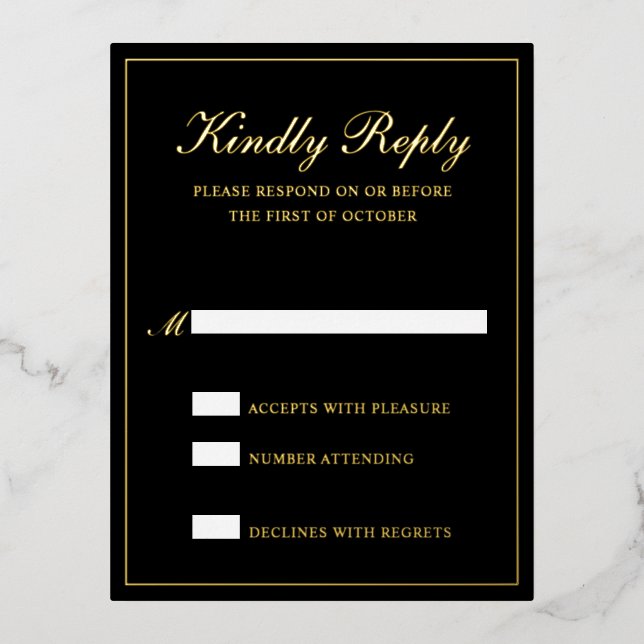Elegant Black Gold Foil Formal Wedding RSVP Card (Front)