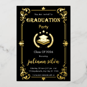 Elegant Black & Gold Foil Graduation Invitation