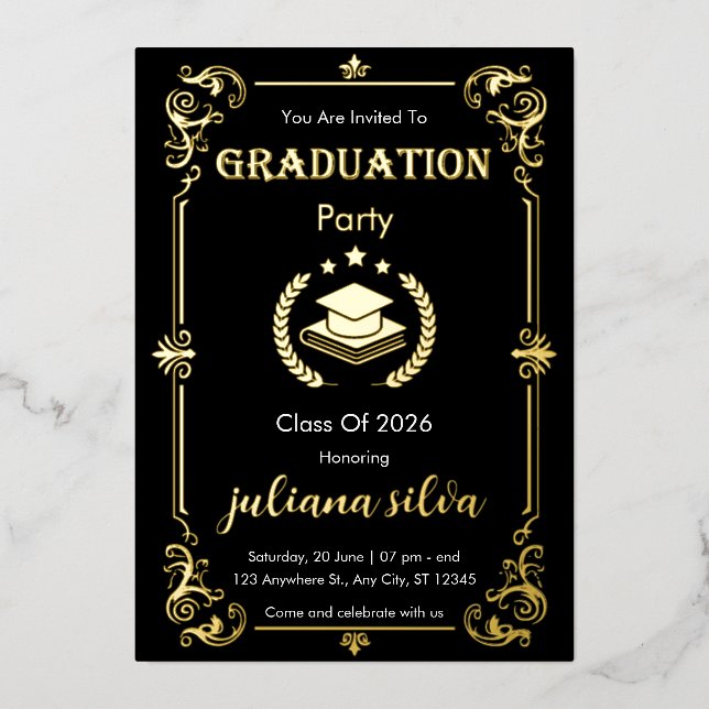 Elegant Black & Gold Foil Graduation Invitation (Front)