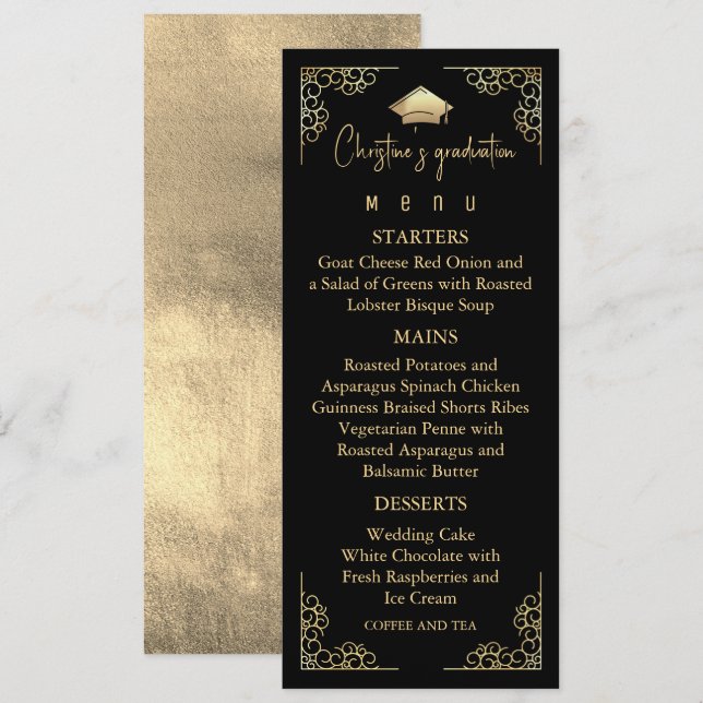 Elegant Black Gold foil Graduation Menu (Front/Back)