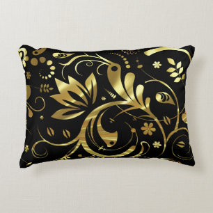 Elegant Black & Gold Foil Look Floral Damasks Accent Pillow