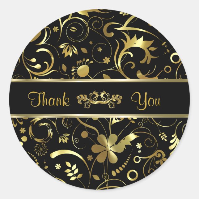 Elegant Black & Gold Foil Look Floral Damasks Classic Round Sticker (Front)