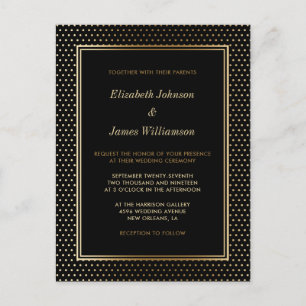 Elegant Black & Gold Foil Polka Dot Wedding Invitation Postcard