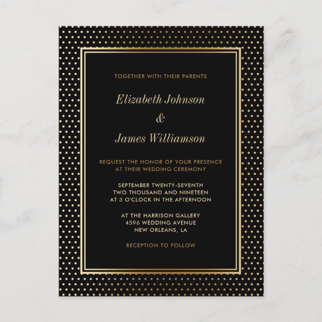 Elegant Black & Gold Foil Polka Dot Wedding Invitation Postcard (Front)