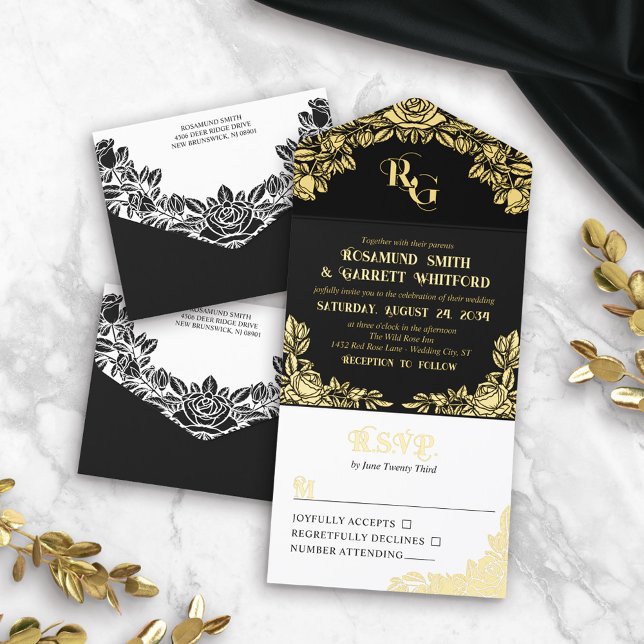 Elegant Black Gold Foil Roses Monogram All In One Invitation (Creator Uploaded)