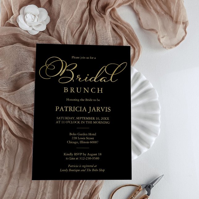 Elegant Black Gold Foil Script Bridal Brunch Invitation (Creator Uploaded)
