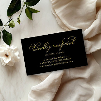 Elegant Black Gold Foil Script Wedding Online RSVP Business Card