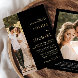 Elegant Black Gold Foil Two Photo QR Code Wedding