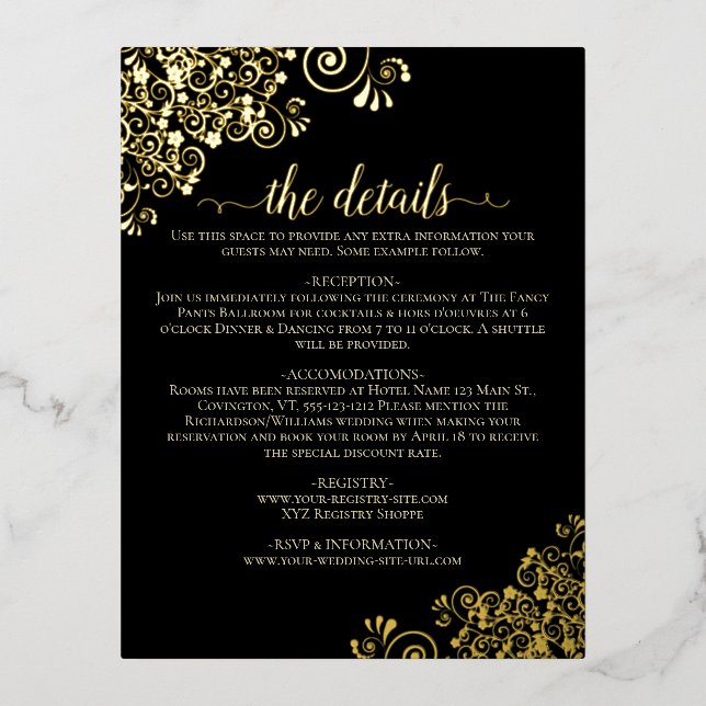 Elegant Black & Gold Foil Wedding Details Card (Front)