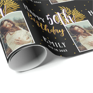 Elegant Black Gold Foliage 50th Birthday Wrapping Paper