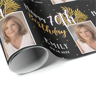 Elegant Black Gold Foliage 70th Birthday Wrapping Paper