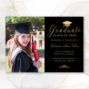 Elegant Black Gold Formal Script Photo Graduation Announcement