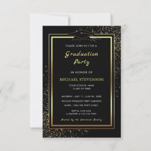 Elegant Black Gold Frame Graduation Invitation
