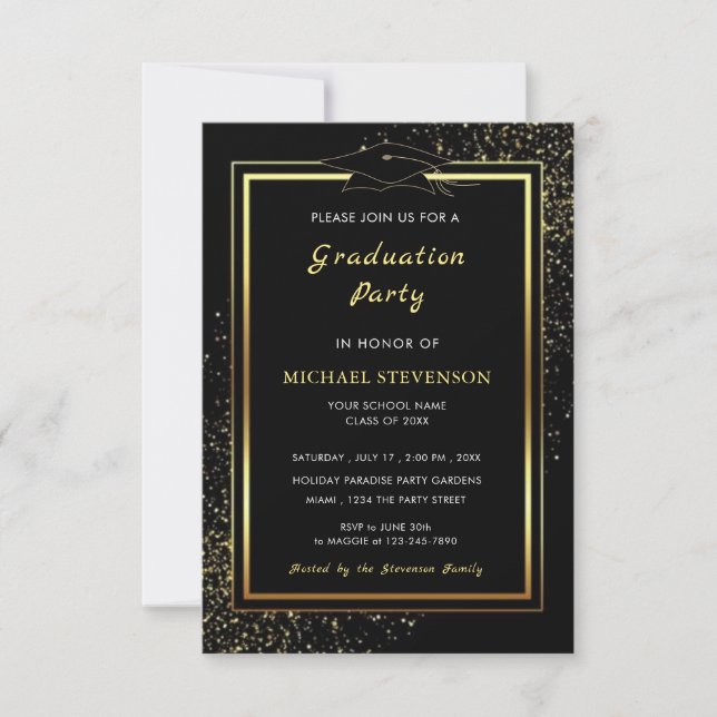 Elegant Black Gold Frame Graduation Invitation (Front)