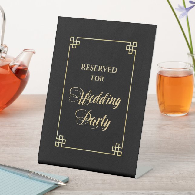 Elegant Black Gold Frame Wedding Party Reserved Pedestal Sign (In SItu)