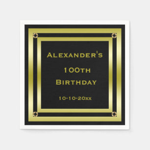 Elegant Black & Gold Framed Man's 100th Birthday Napkin