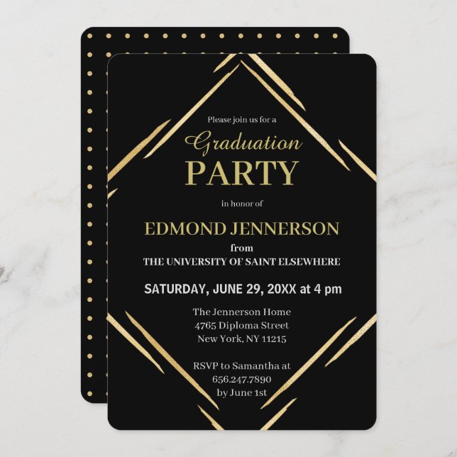 Elegant Black Gold Geometric 2025 Graduation Party Invitation (Front/Back)