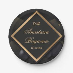 Elegant Black Gold Geometric 50th Birthday Party Paper Plate