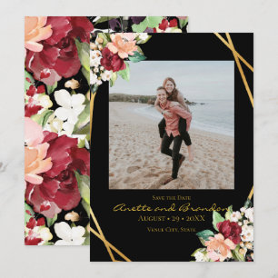 Elegant Black Gold Geometric Burgundy Floral Save The Date
