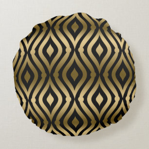 Elegant Black & Gold Geometric Pattern Round Pillow