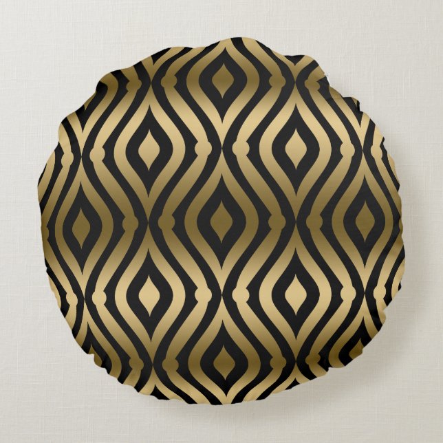 Elegant Black & Gold Geometric Pattern Round Pillow (Back)