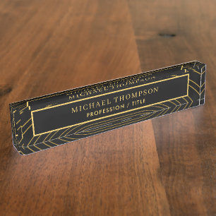 Elegant Black Gold Geometric Personalized Name  Nameplate