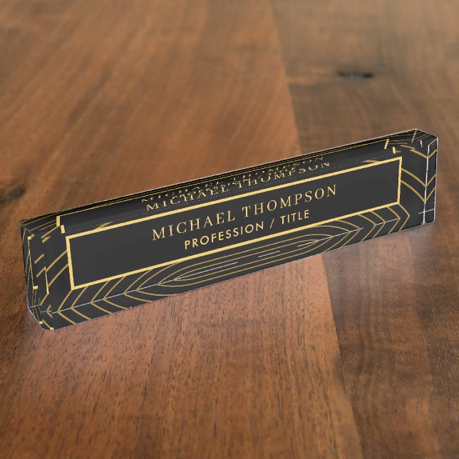 Elegant Black Gold Geometric Personalized Name  Nameplate (Side)