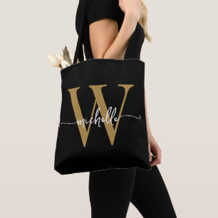 Elegant Black Gold Girly Personalized Monogrammed Tote Bag