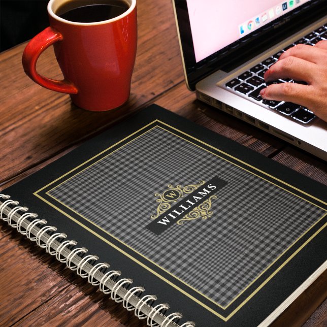 Elegant Black Gold Glen Plaid Monogrammed Notebook (Creator Uploaded)