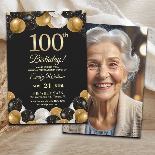 Elegant Black Gold Glitter 100th Birthday Photo Invitation (Creator Uploaded)