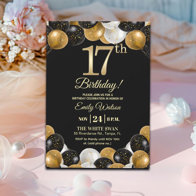 Elegant Black Gold Glitter 17th Birthday Party Invitation (Creator Uploaded)