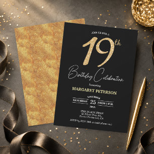 Elegant Black Gold Glitter 19th Birthday Party Invitation