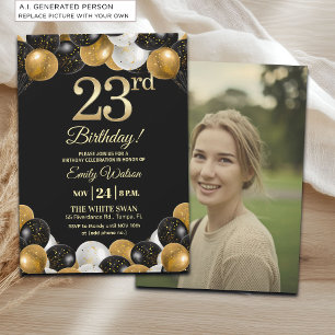 Elegant Black Gold Glitter 23rd Birthday Photo Invitation