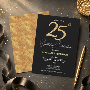 Elegant Black Gold Glitter 25th Birthday Party Invitation