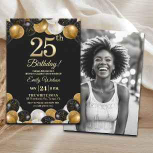 Elegant Black Gold Glitter 25th Birthday Photo Invitation