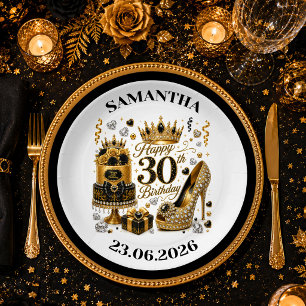 Elegant Black Gold Glitter 30th Birthday Plate Art