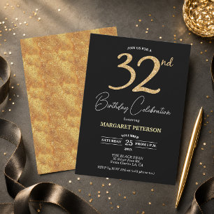 Elegant Black Gold Glitter 32nd Birthday Party Invitation