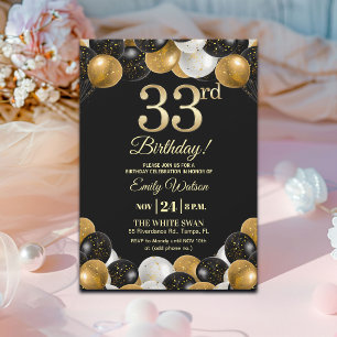 Elegant Black Gold Glitter 33rd Birthday Party Invitation