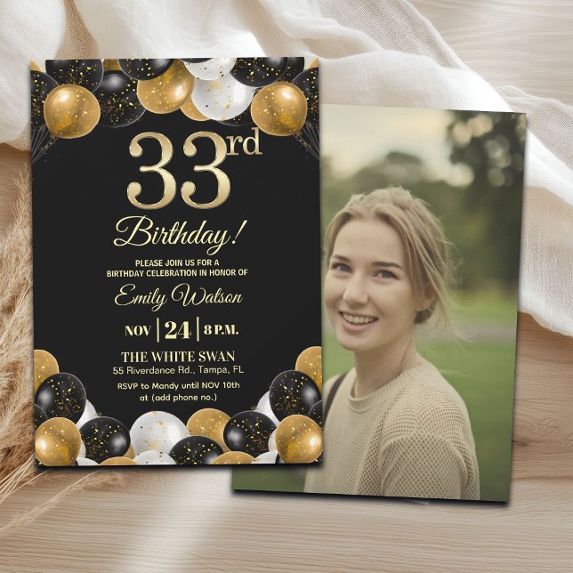 Elegant Black Gold Glitter 33rd Birthday Photo Invitation (Creator Uploaded)