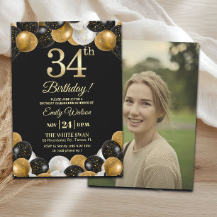 Elegant Black Gold Glitter 34th Birthday Photo Invitation