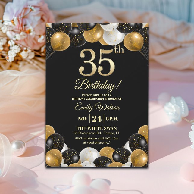 Elegant Black Gold Glitter 35th Birthday Party Invitation (Creator Uploaded)