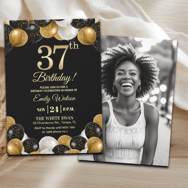 Elegant Black Gold Glitter 37th Birthday Photo Invitation (Creator Uploaded)